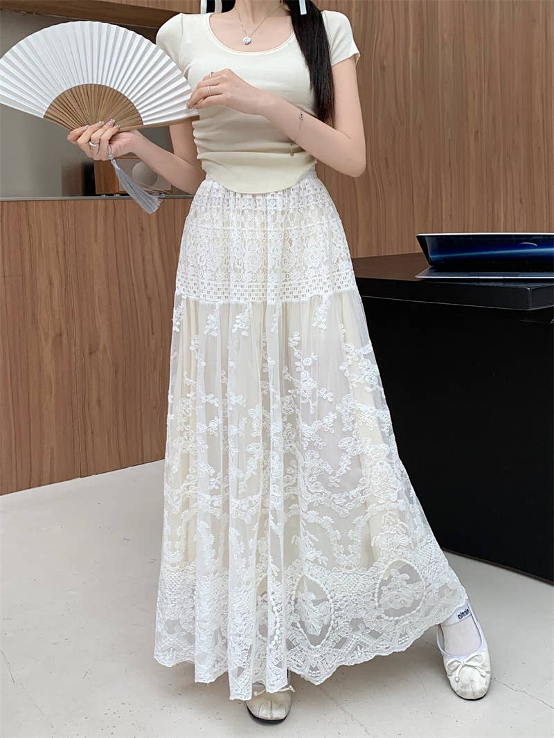 Apparel- Peach Elegant Lace Maxi Skirt with Layered Design