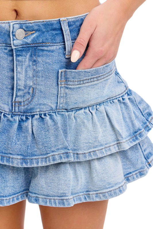 Apparel- Cello Mid Waisted Ruffle Denim Mini Skirt with Ruffled Hem