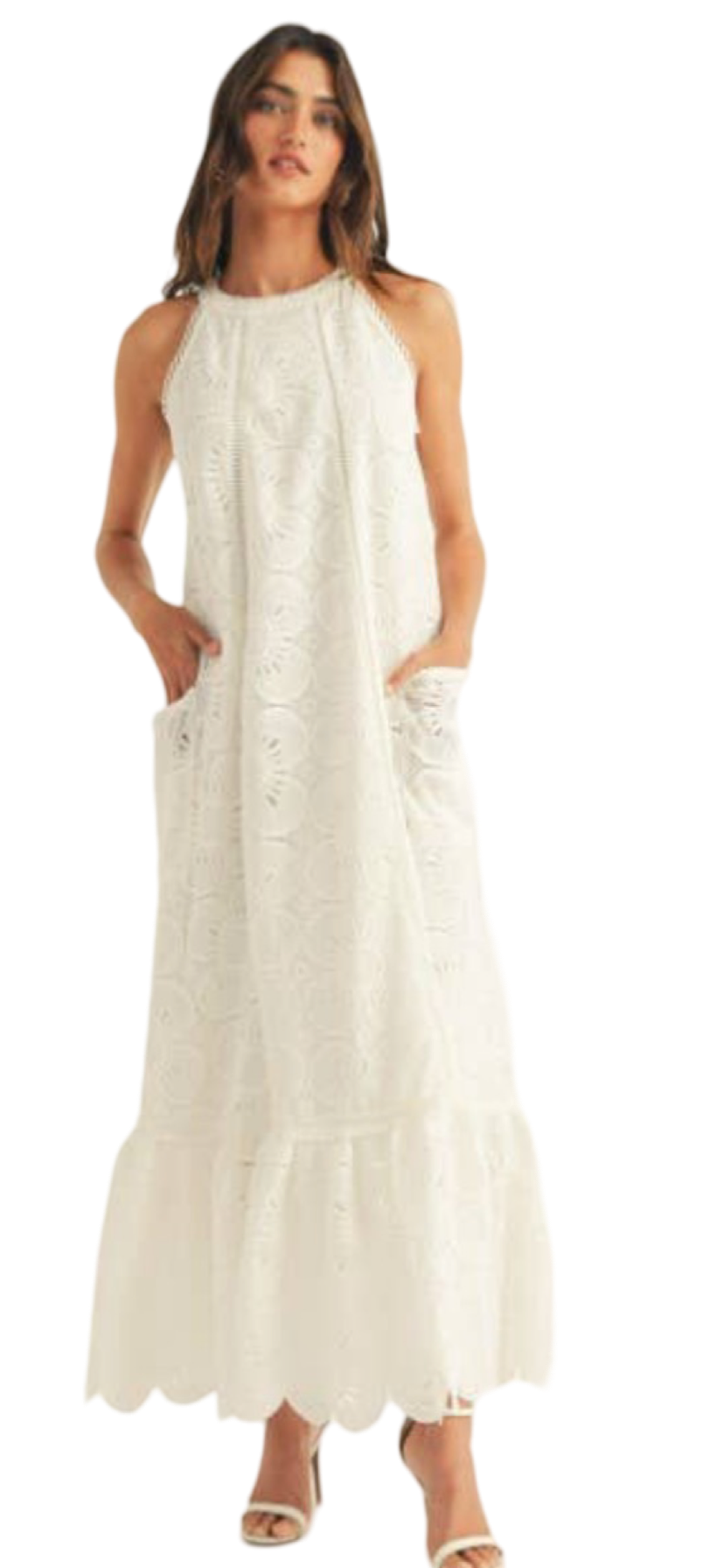 Apparel- Just Me Embroidered Detail Halter Neck Ruffle Bottom Maxi Dress