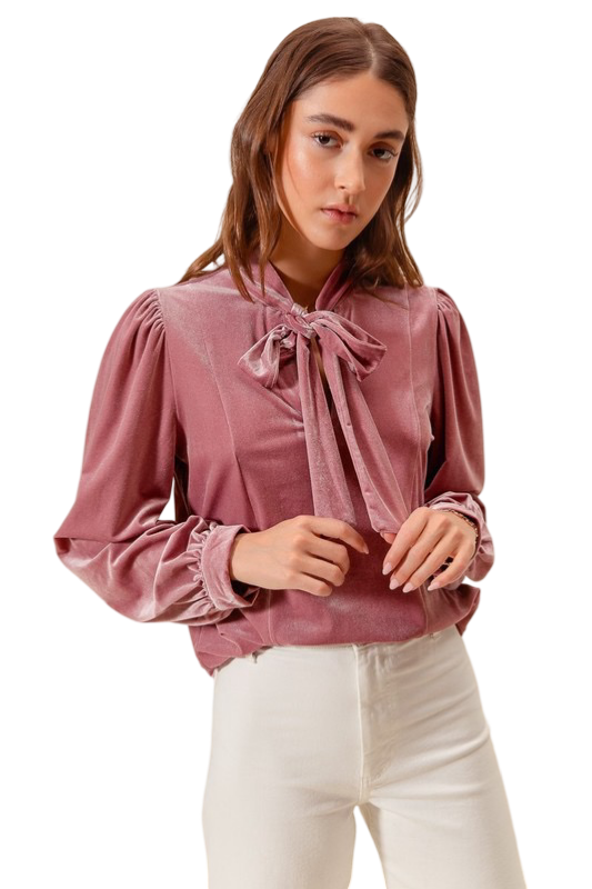 Apparel- So Me Bow Tie Neck Velvet Top with Puffed Sleeves