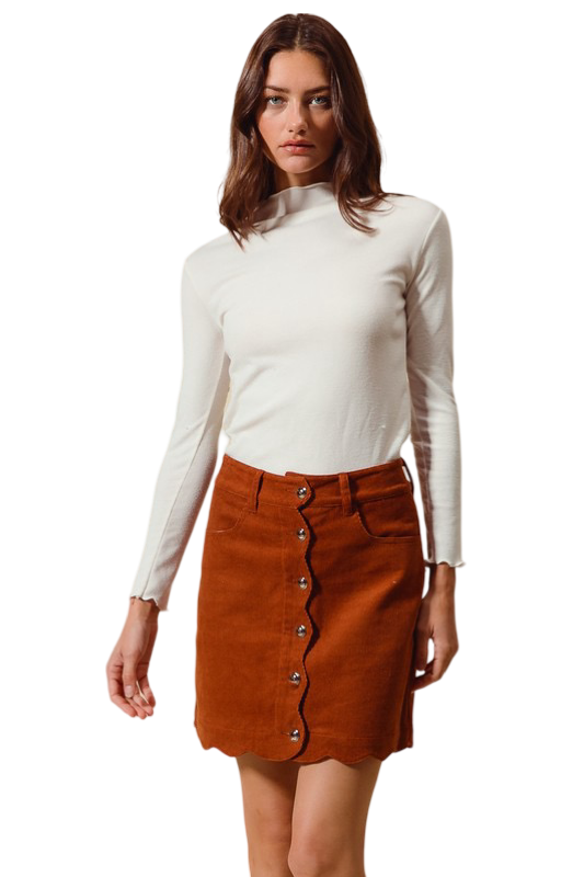 Apparel- So Me Scalloped Button Front Corduroy Mini Skirt