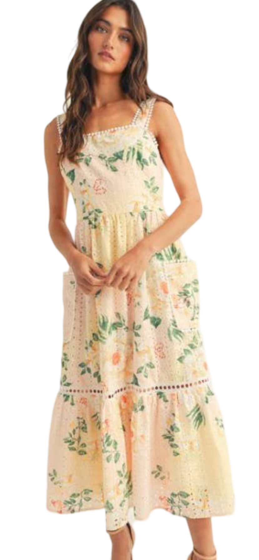 Apparel- Just Me Floral Printed Embroidered Sleeveless Midi Dress