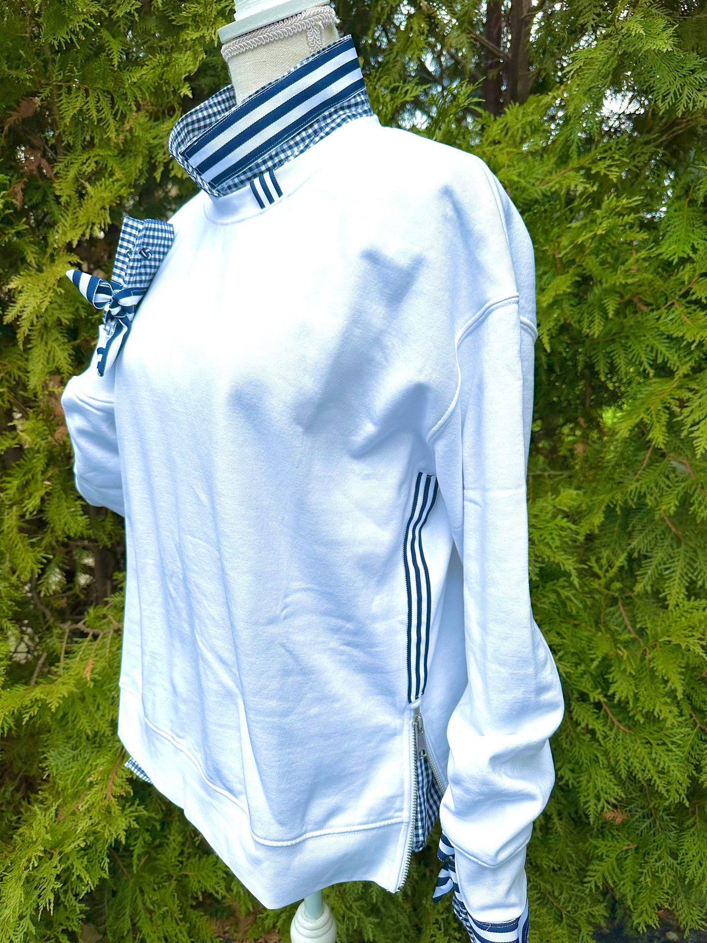 Apparel- Pearly Vine Danny Sweatshirt - White w Navy & White Stripe Ribbon