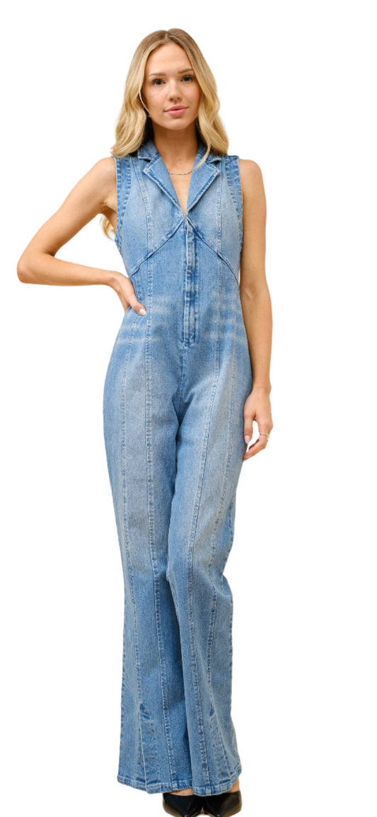 Apparel- Blue B. Collared Sleeveless Denim Jumpsuit