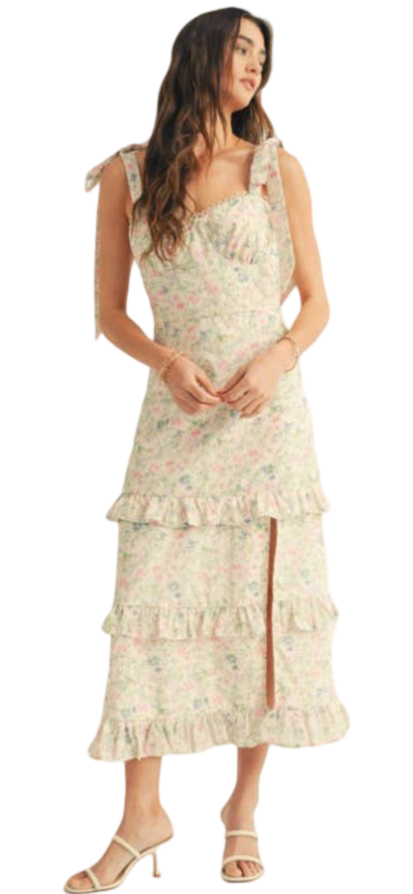 Apparel- Just Me Shoulder Tie Floral Lace Ruffle Detail Maxi Dress