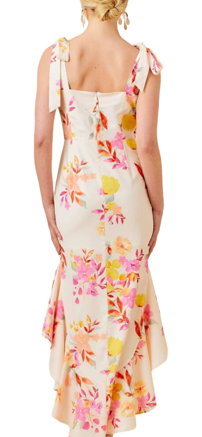 Apparel- Main Strip Floral Printed High-Low Ruffled Dress