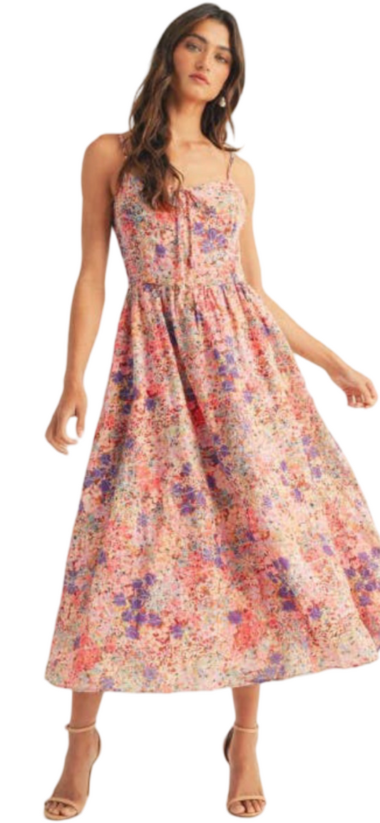 Apparel- Just Me Floral Print Smocked Bodice Midi Dress