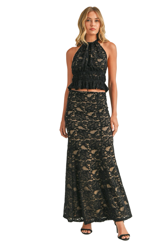 Apparel- Klesis Lace Halter Open Back Top and Maxi Skirt Set