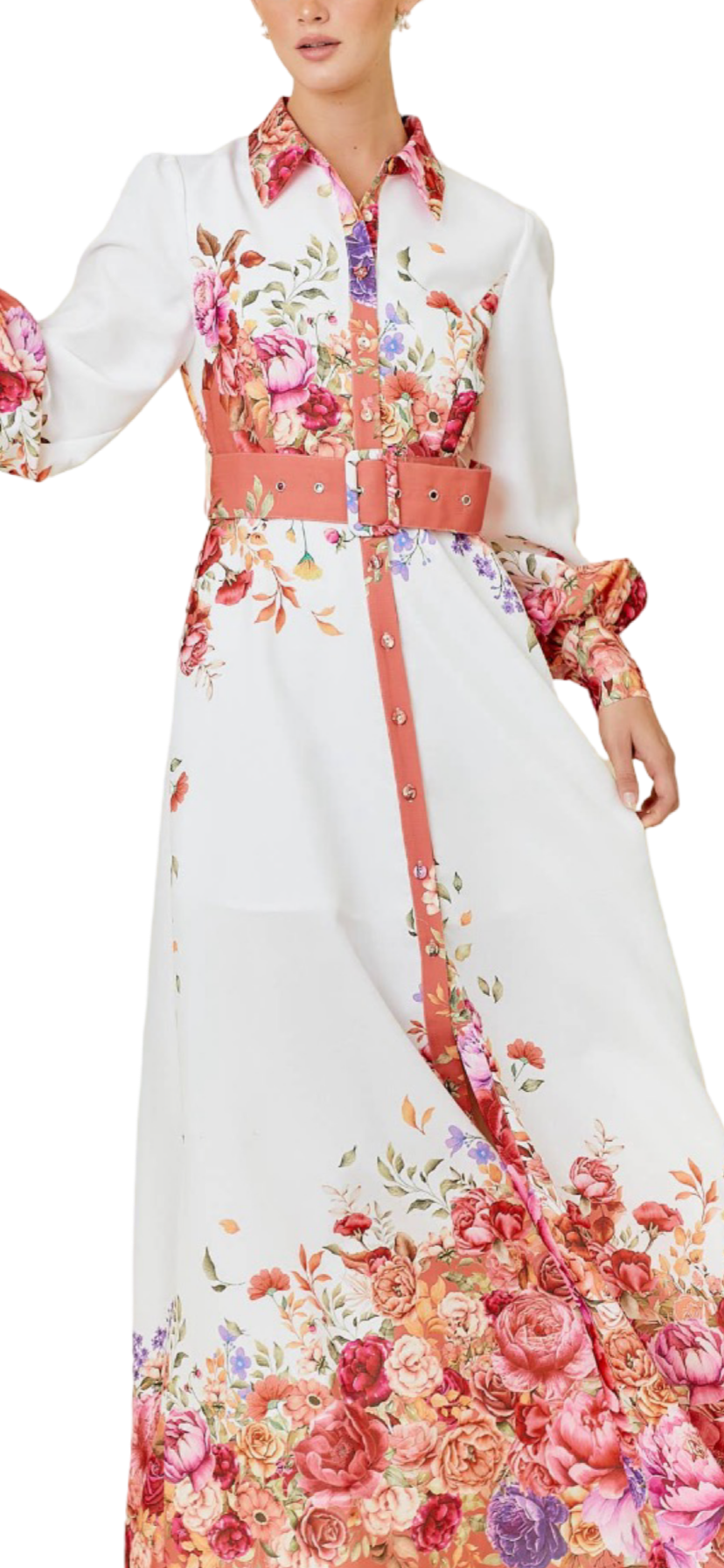 Apparel- Main Strip Collar Maxi Dress With Floral Border Print