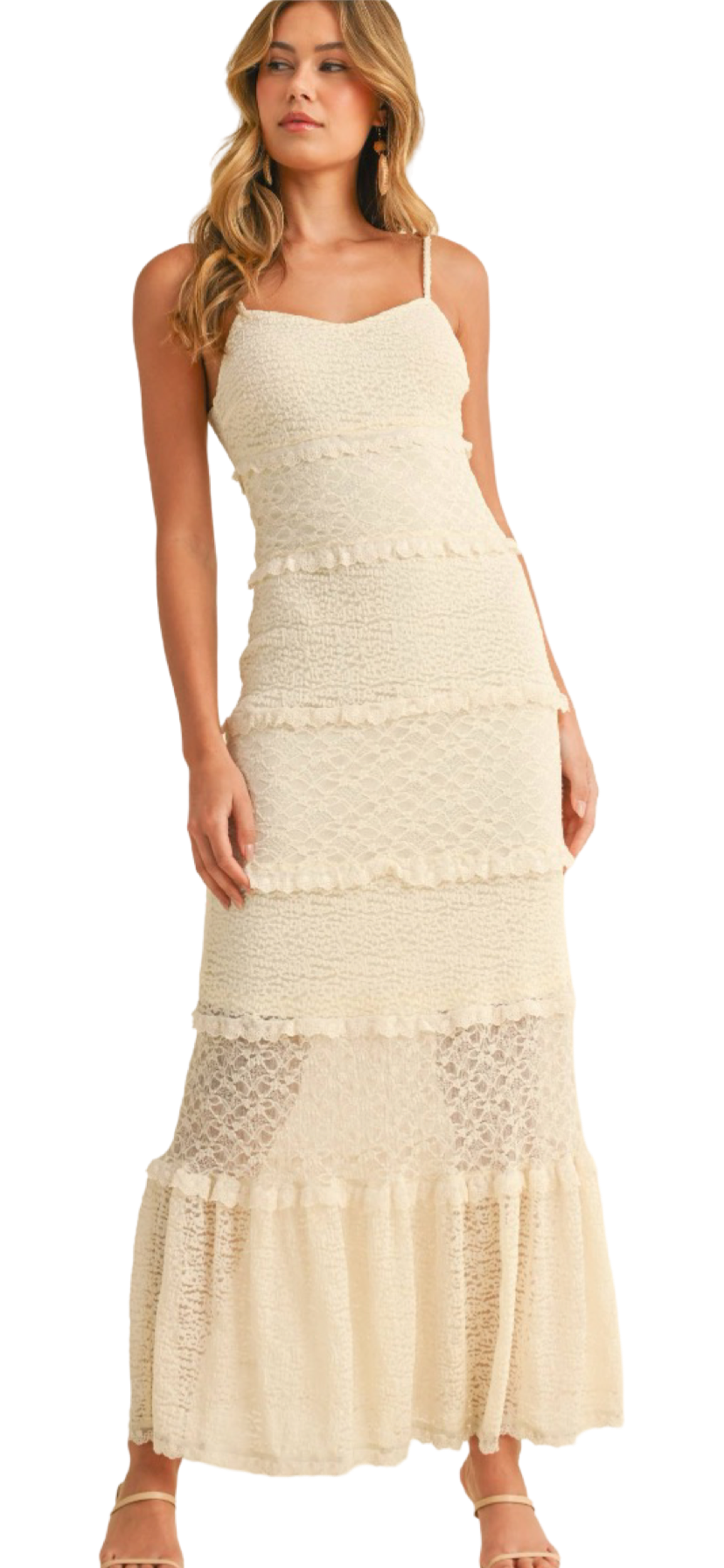 Apparel- Klesis Tiered Ruffled Lace Maxi Dress with Partial Lining