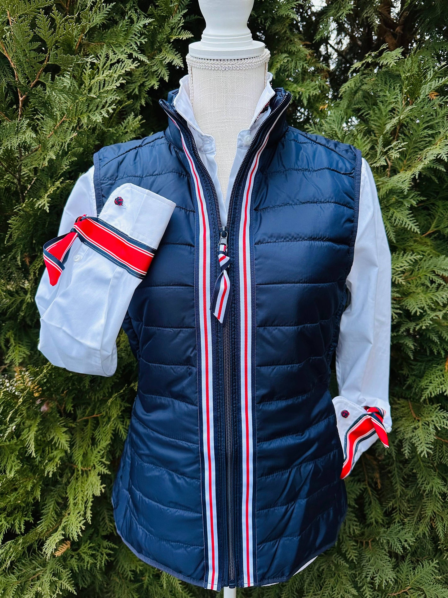 Apparel- Pearly Vine Maggie May Puffer Vest Navy w Navy, Red & White Ribbon