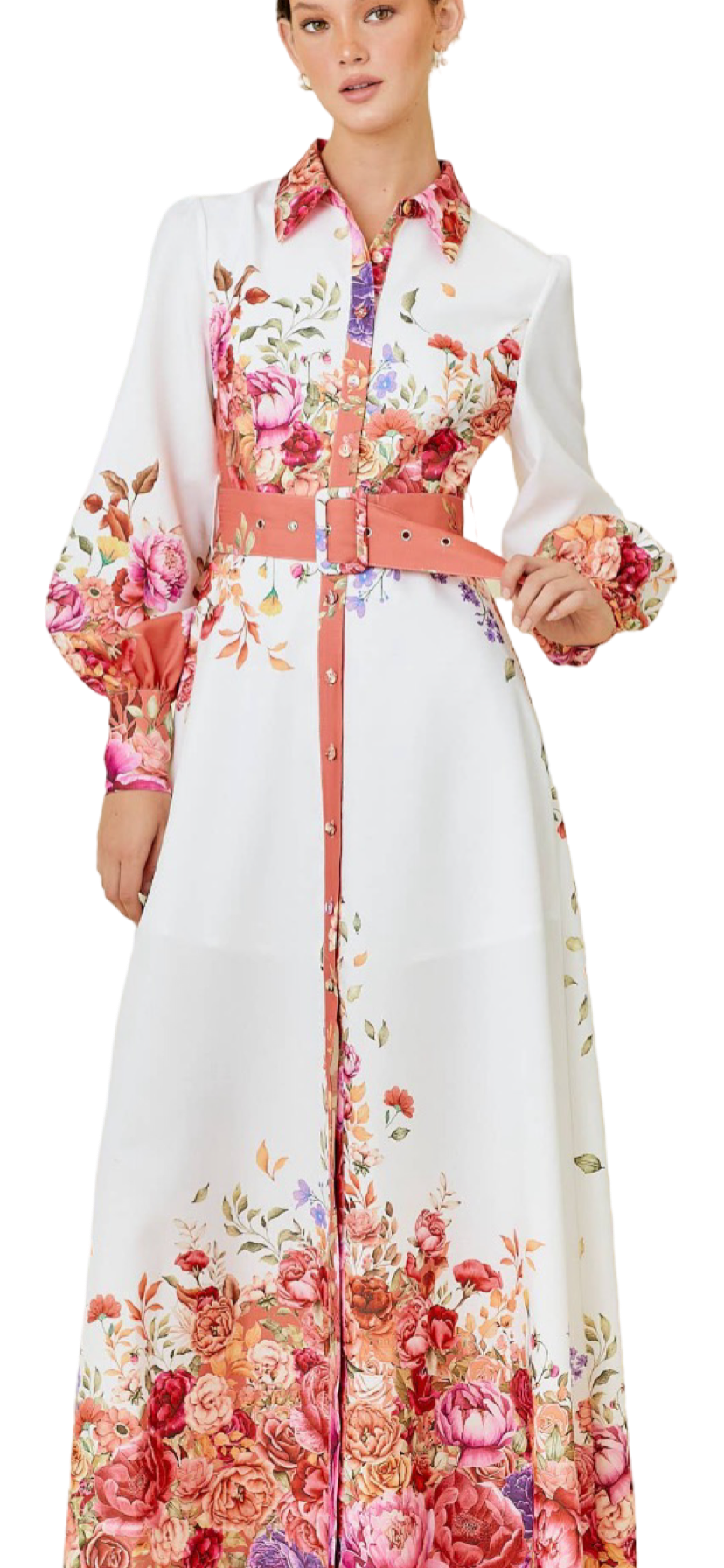 Apparel- Main Strip Collar Maxi Dress With Floral Border Print