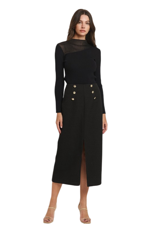 Apparel- Able Buttoned Boucle Midi Skirt with  Front Slit