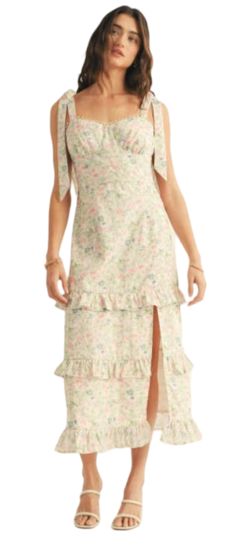 Apparel- Just Me Shoulder Tie Floral Lace Ruffle Detail Maxi Dress