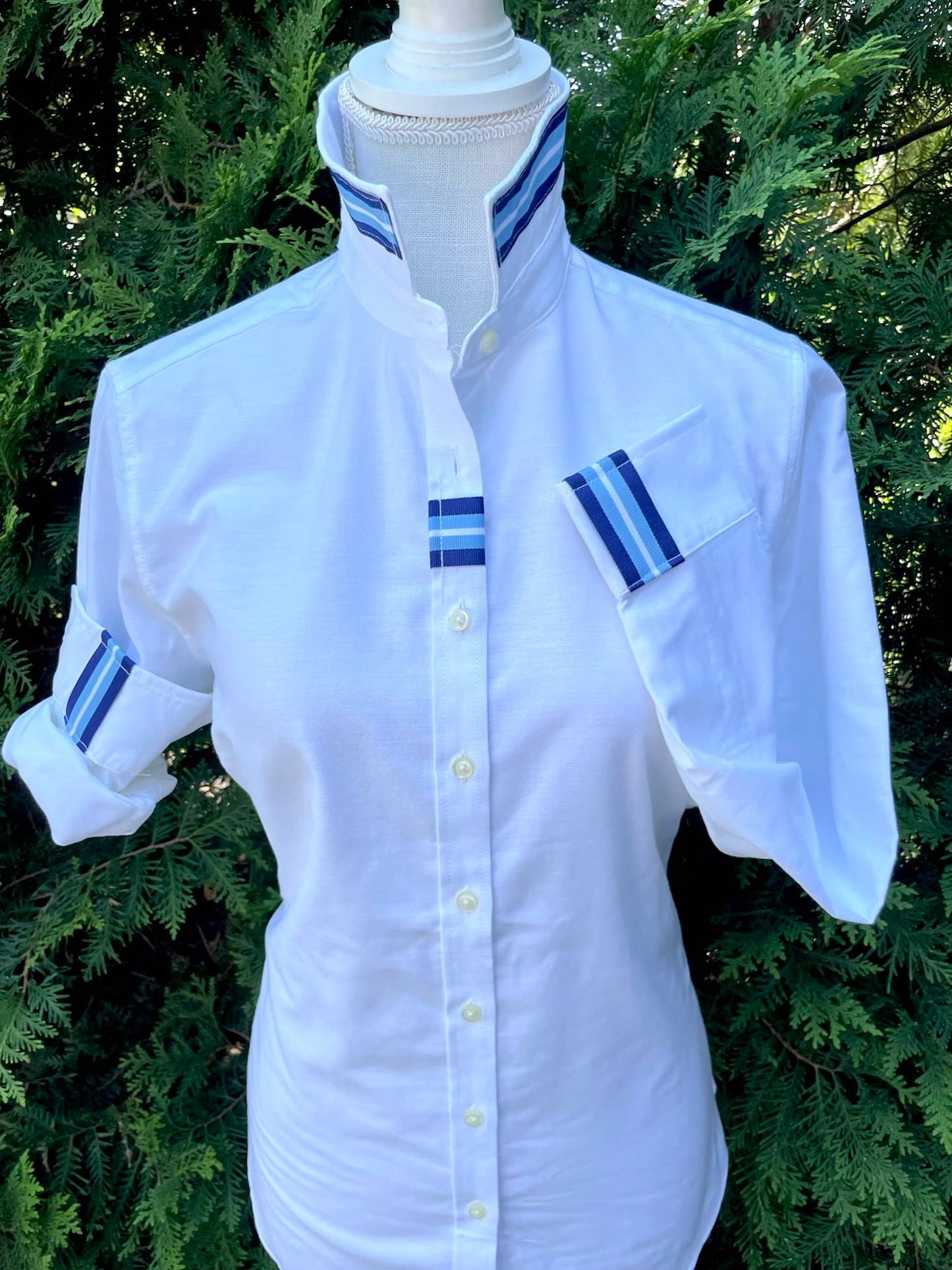 Apparel- Pearly Vine Casie 2 White Oxford w Blue & Light Blue Stripe Ribbon