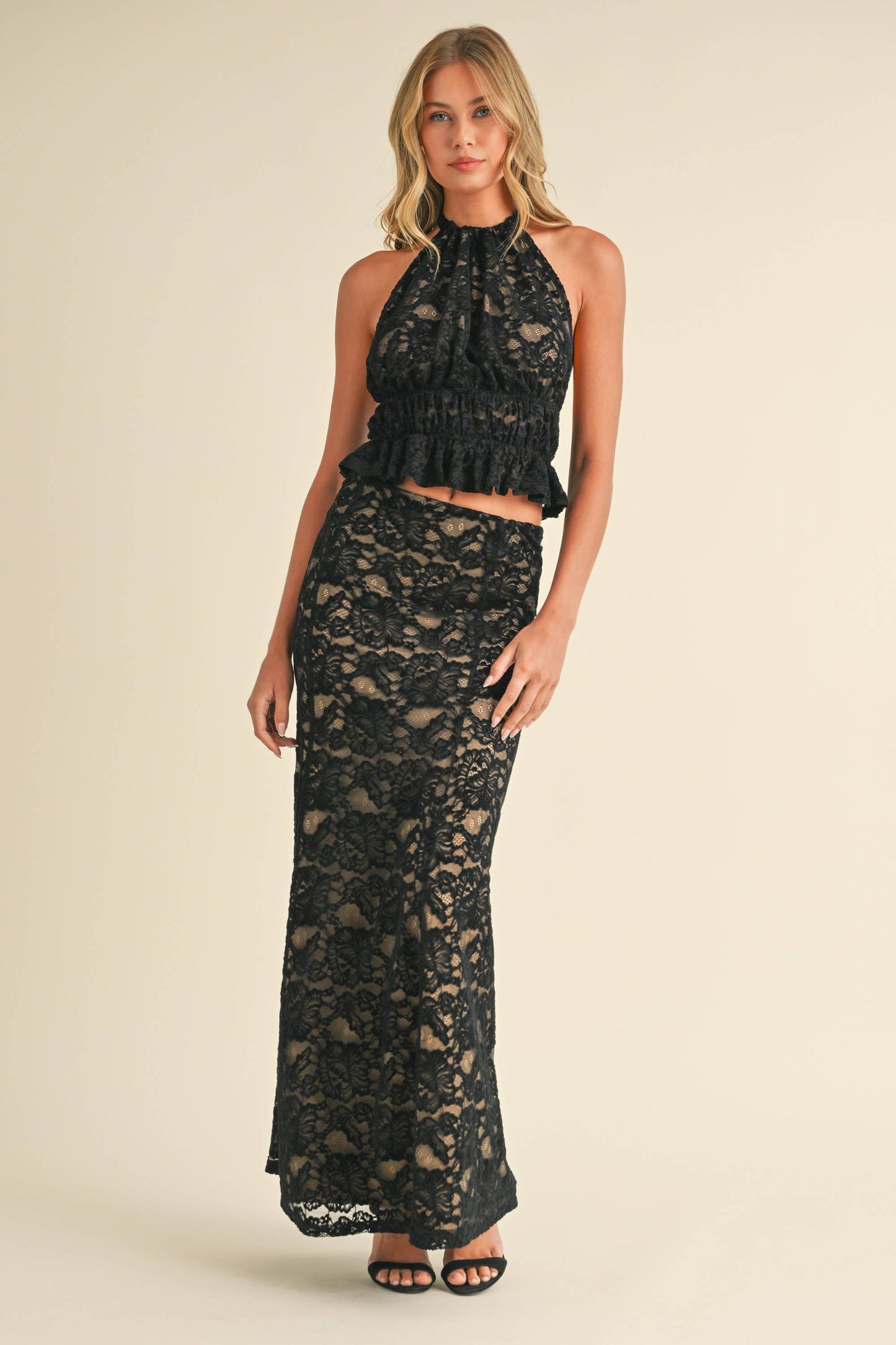 Apparel- Klesis Lace Halter Open Back Top and Maxi Skirt Set