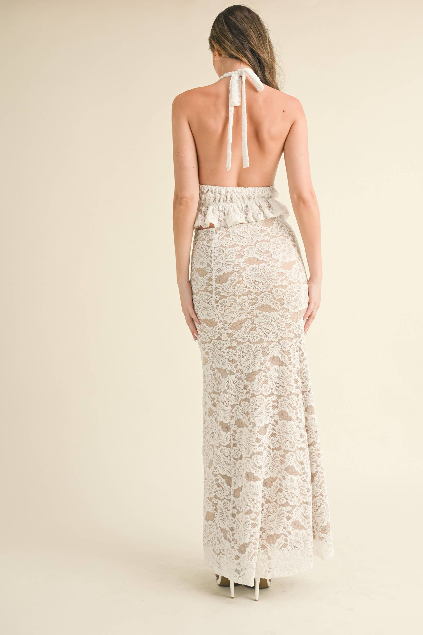 Apparel- Klesis Lace Halter Open Back Top and Maxi Skirt Set