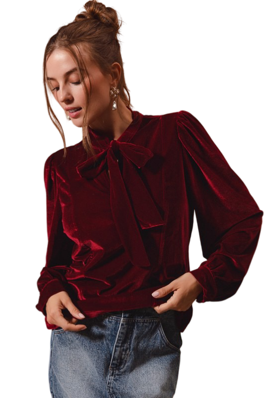 Apparel- So Me Bow Tie Neck Velvet Top with Puffed Sleeves