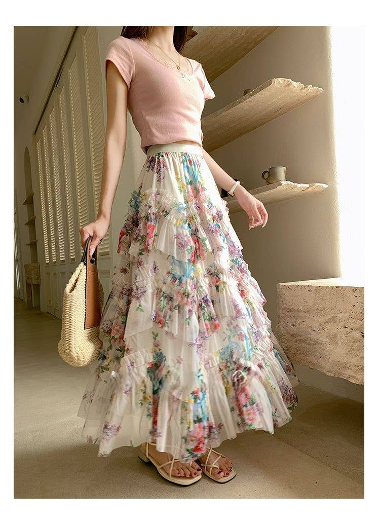 Apparel-Peach Twirl Worthy Floral Ruffle Skirt