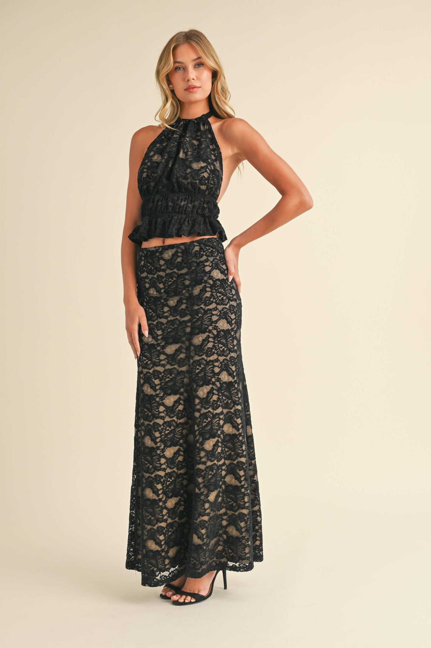 Apparel- Klesis Lace Halter Open Back Top and Maxi Skirt Set