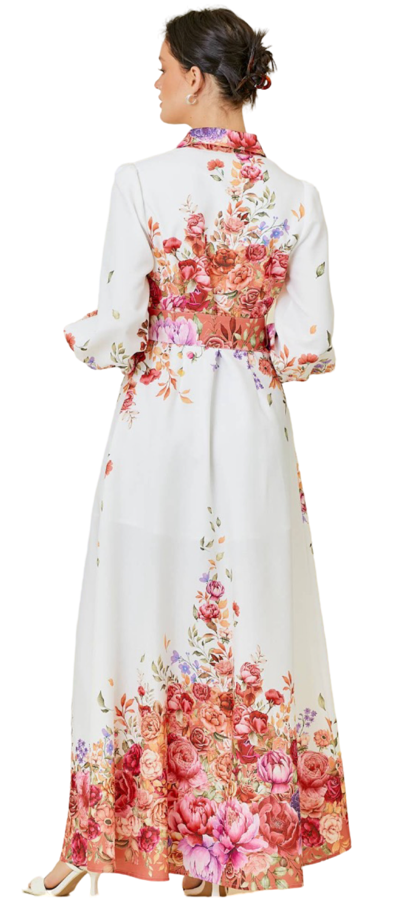 Apparel- Main Strip Collar Maxi Dress With Floral Border Print