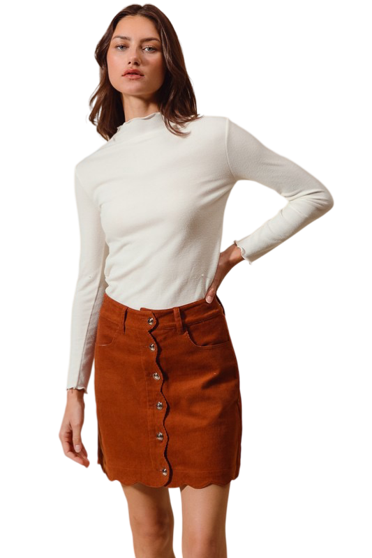 Apparel- So Me Scalloped Button Front Corduroy Mini Skirt