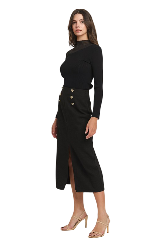 Apparel- Able Buttoned Boucle Midi Skirt with  Front Slit