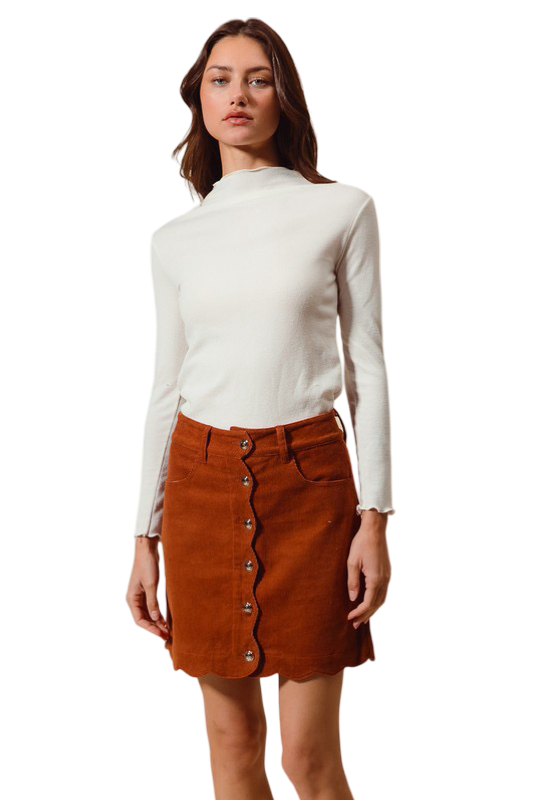 Apparel- So Me Scalloped Button Front Corduroy Mini Skirt