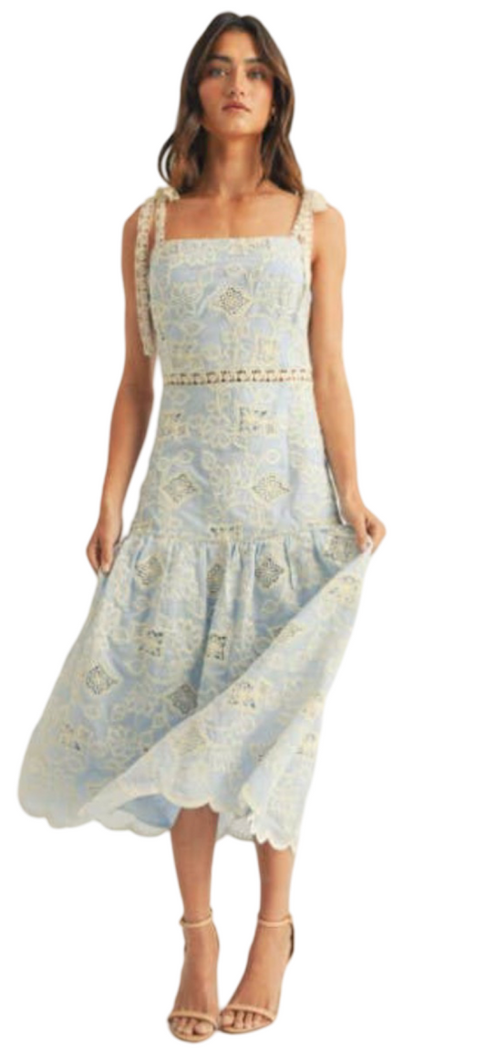 Apparel- Just Me Embroidered Detail Shoulder Strap Ruffle Midi Dress