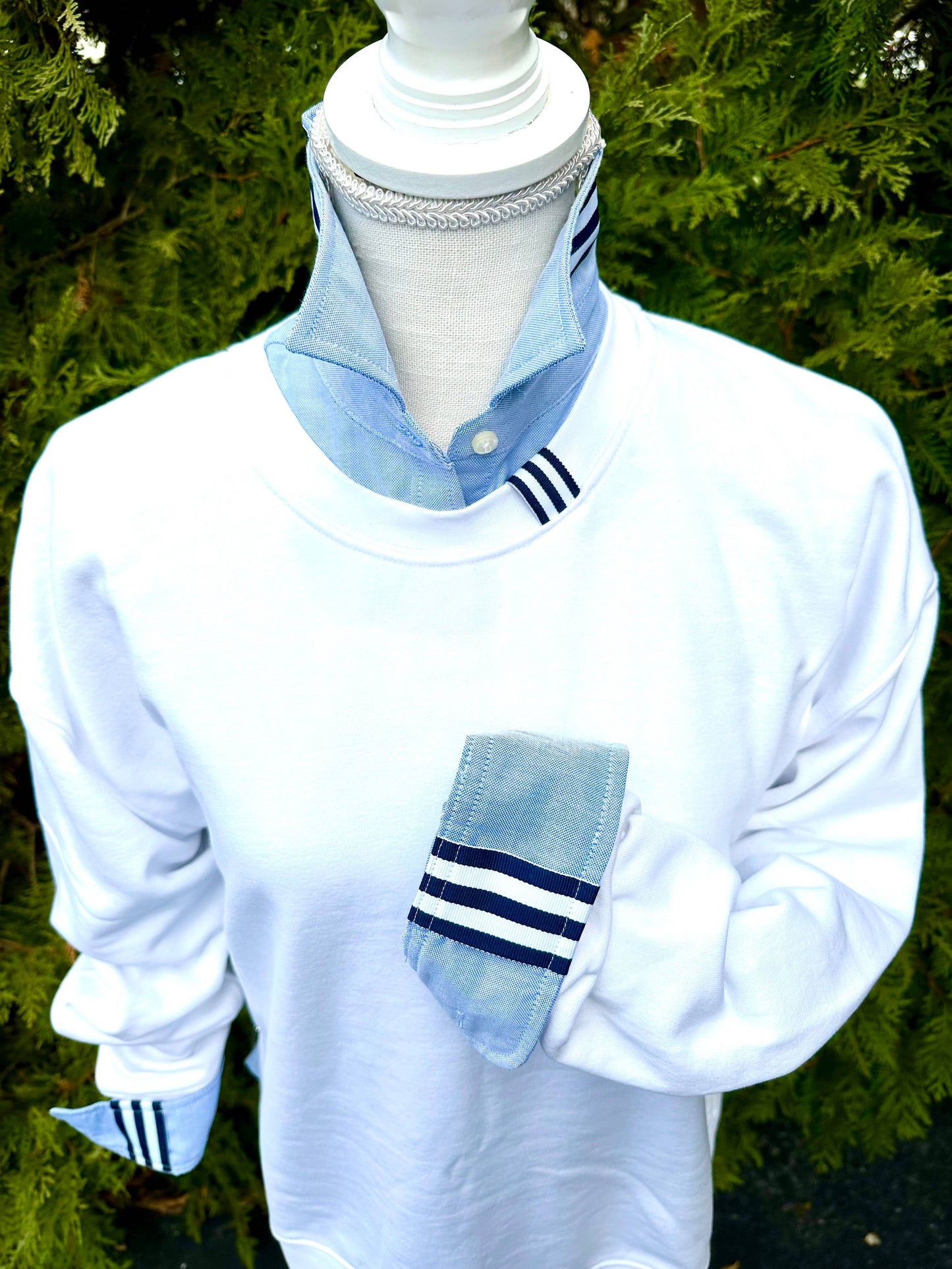 Apparel- Pearly Vine Danny Sweatshirt - White w Navy & White Stripe Ribbon