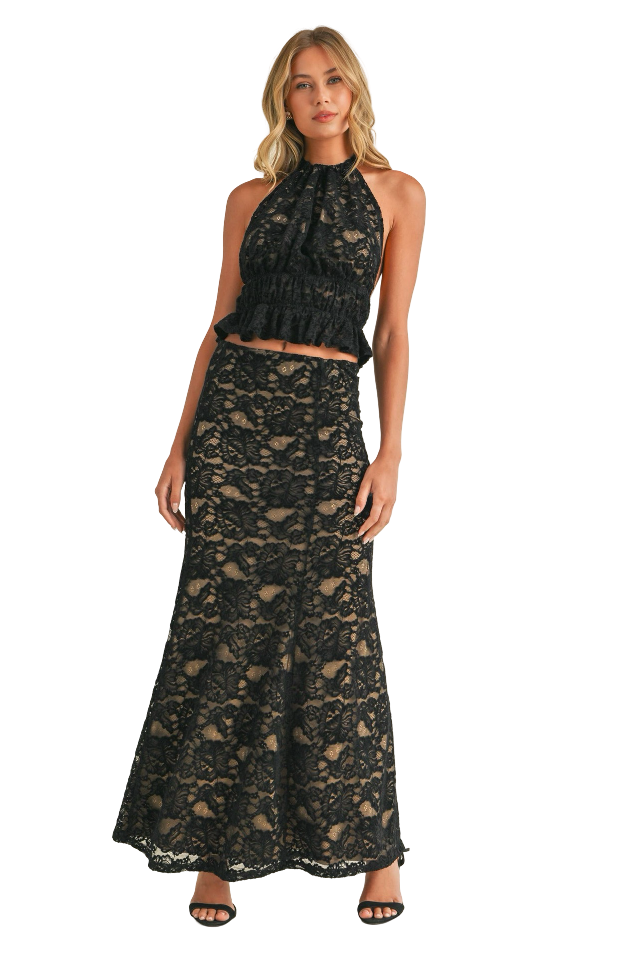 Apparel- Klesis Lace Halter Open Back Top and Maxi Skirt Set