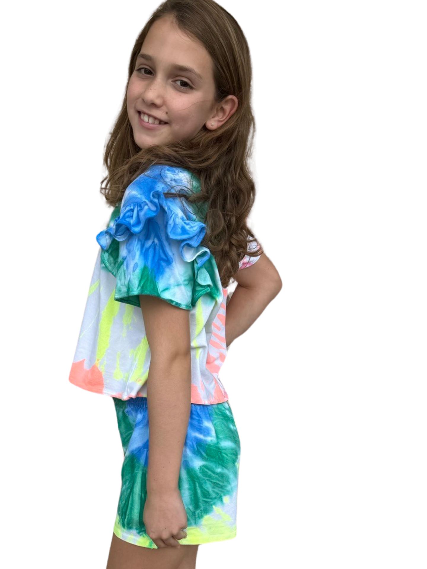 Girls- Erge Tie Dye Sleeve Ruffle Short Set