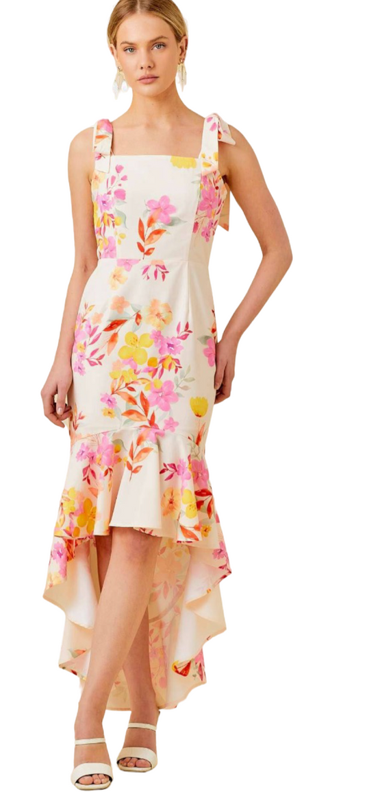 Apparel- Main Strip Floral Printed High-Low Ruffled Dress