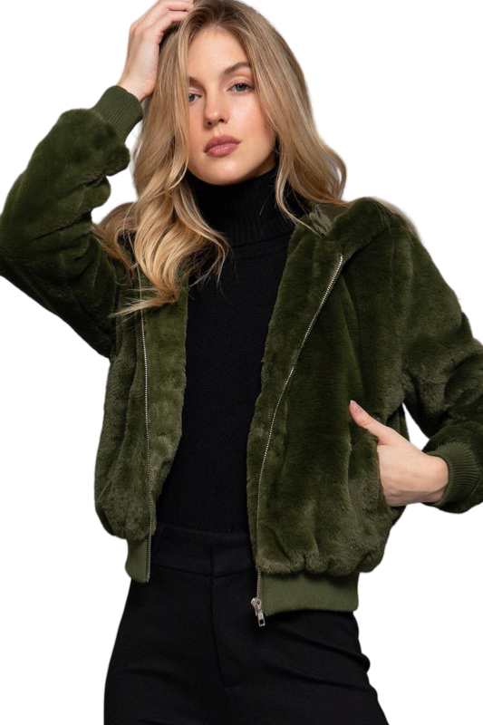 Apparel- Active Basic Faux Fur Zip Up Hoodie Jacket