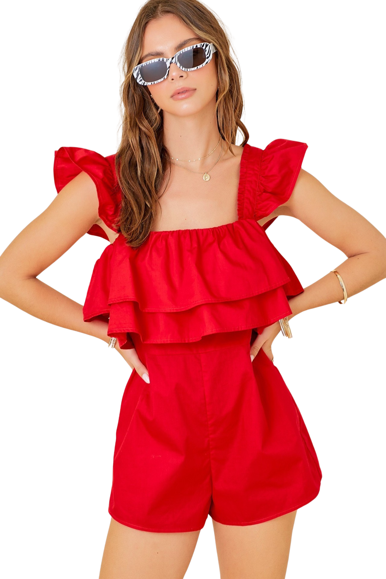 Apparel- Day+Moon Double Ruffle Square Neck Romper