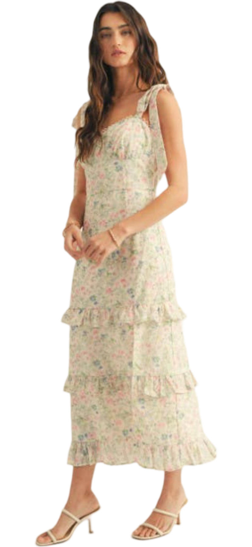 Apparel- Just Me Shoulder Tie Floral Lace Ruffle Detail Maxi Dress