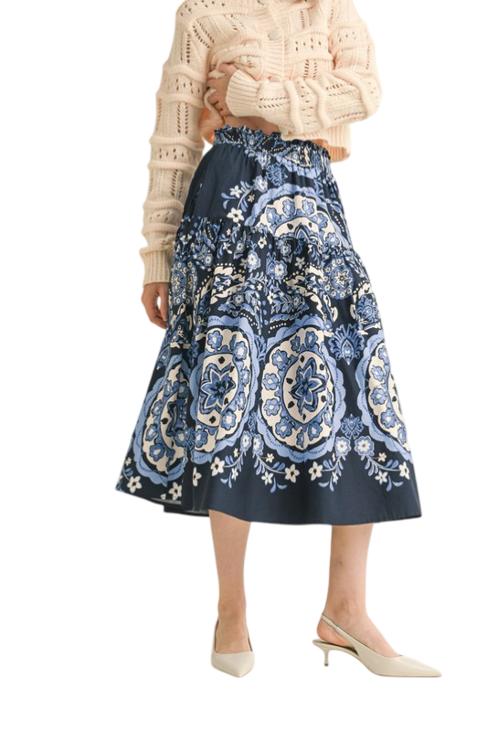 Apparel- En Merci  Printed High Rise Midi Skirt