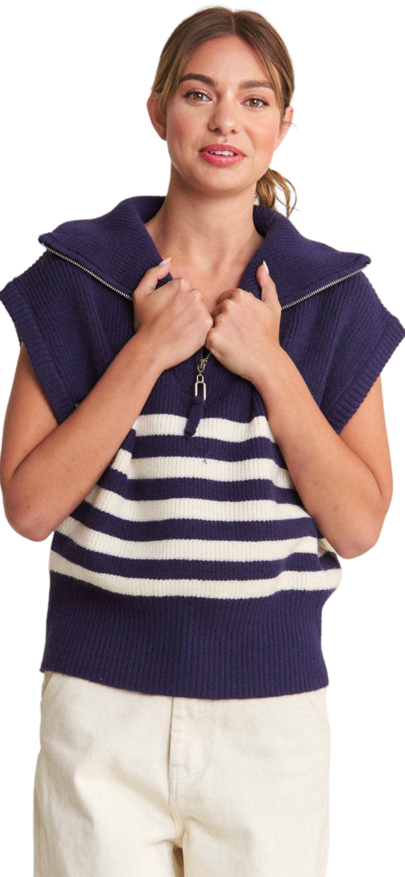 Apparel- In The Beginning Striped Quarter Zipped Sweater