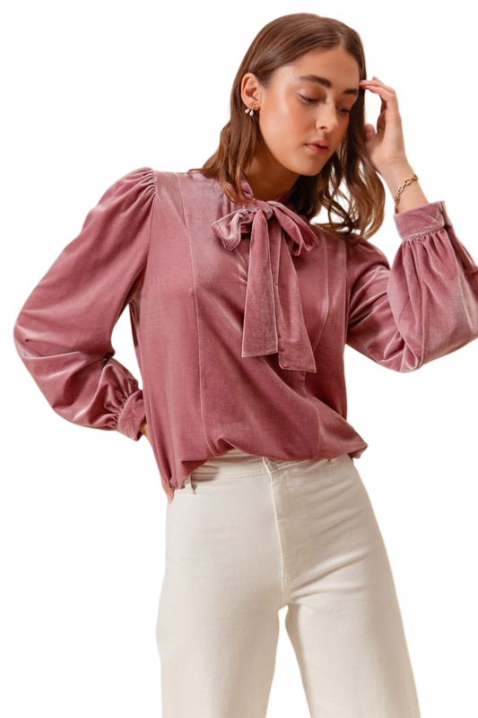 Apparel- So Me Bow Tie Neck Velvet Top with Puffed Sleeves