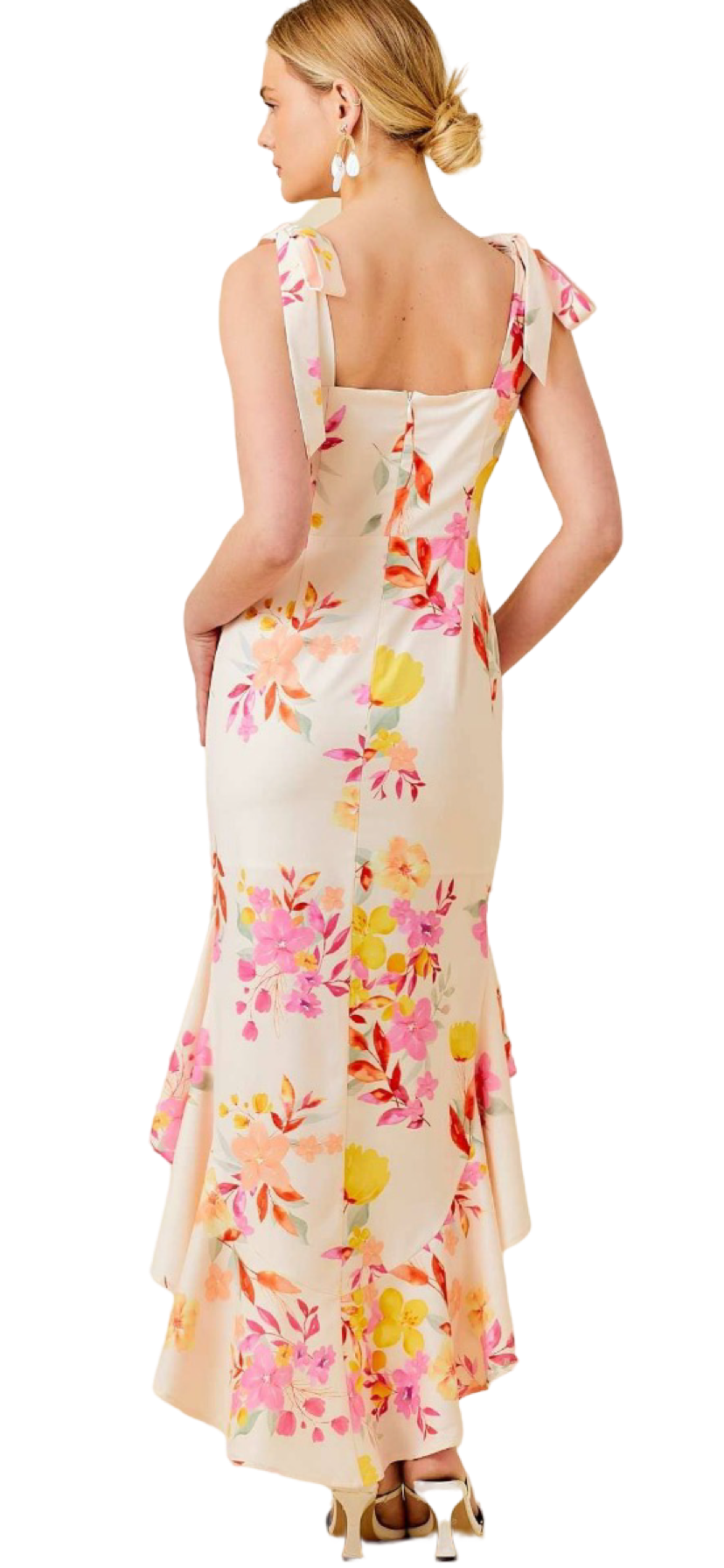 Apparel- Main Strip Floral Printed High-Low Ruffled Dress