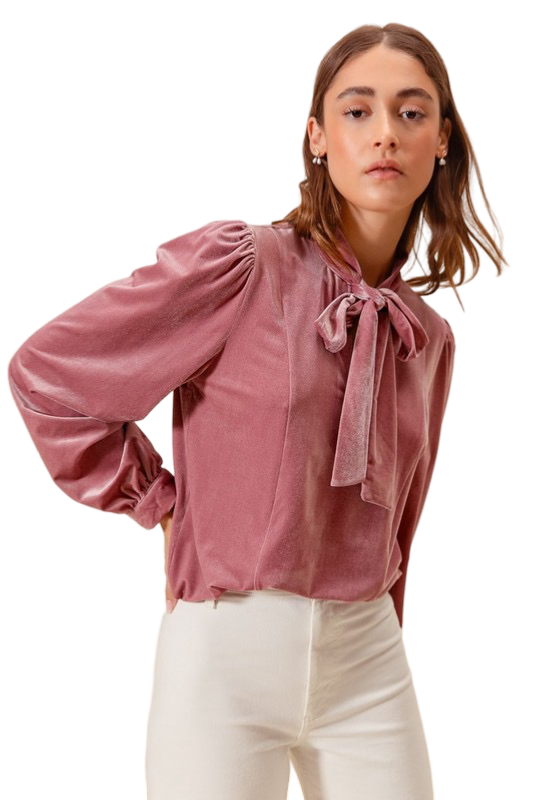 Apparel- So Me Bow Tie Neck Velvet Top with Puffed Sleeves