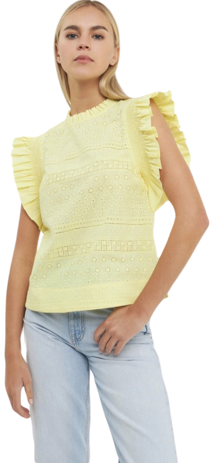 Apparel- English Factory Ruffle Sleeve Embroidered Cotton Top