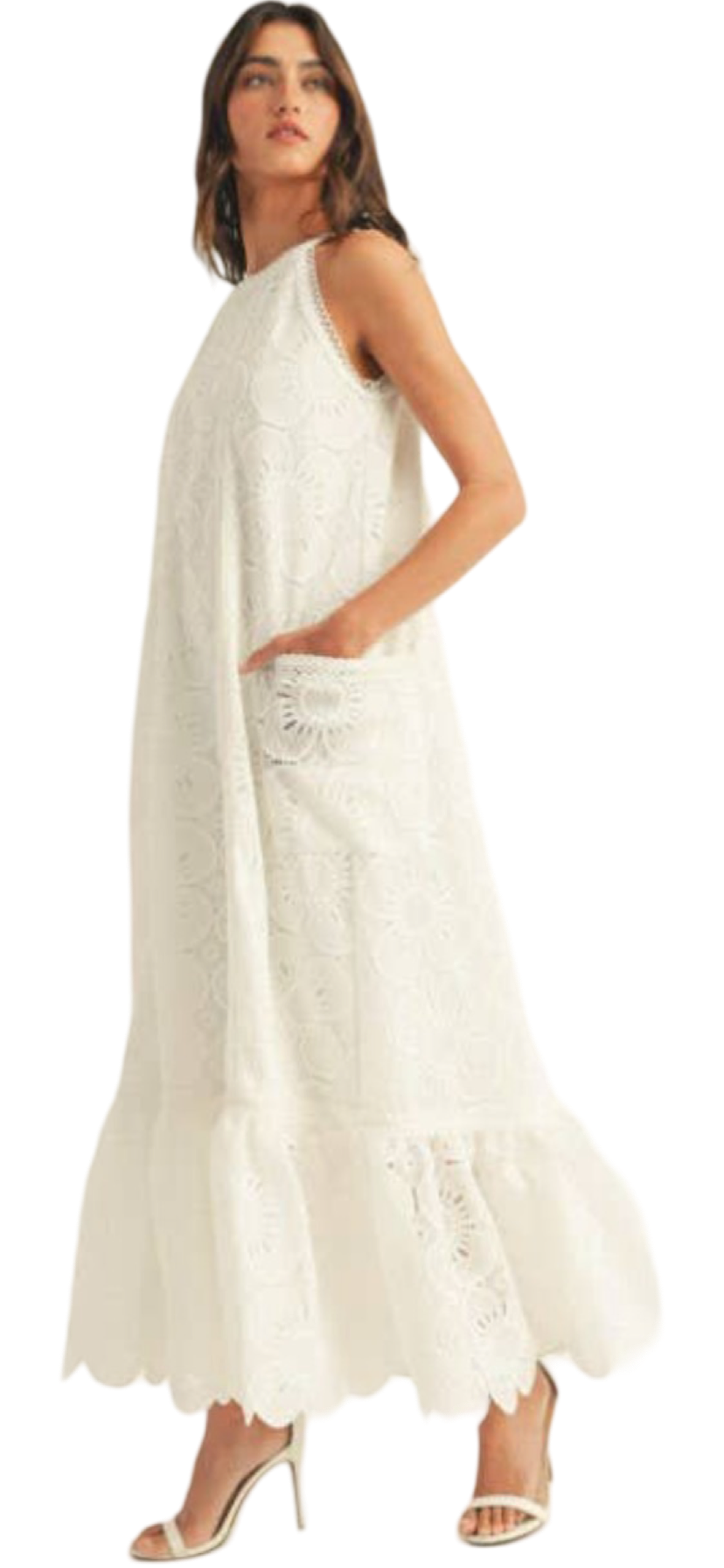 Apparel- Just Me Embroidered Detail Halter Neck Ruffle Bottom Maxi Dress