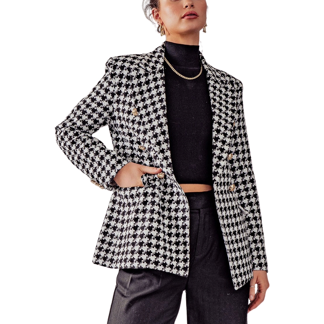 Apparel- Trend Notes Houndstooth Button Blazer