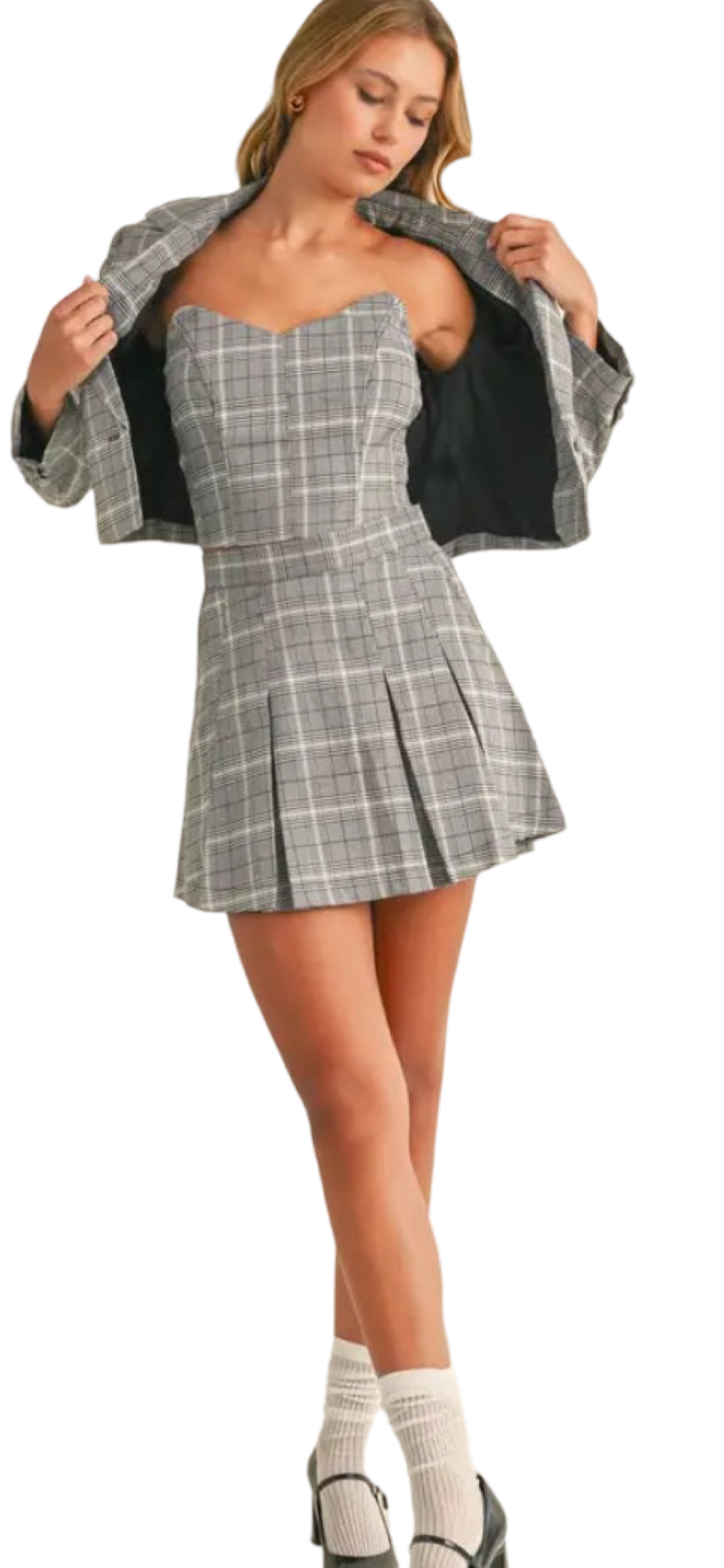 Apparel- Klesis Plaid Crop Top, Cropped Blazer and Pleated Mini Skirt