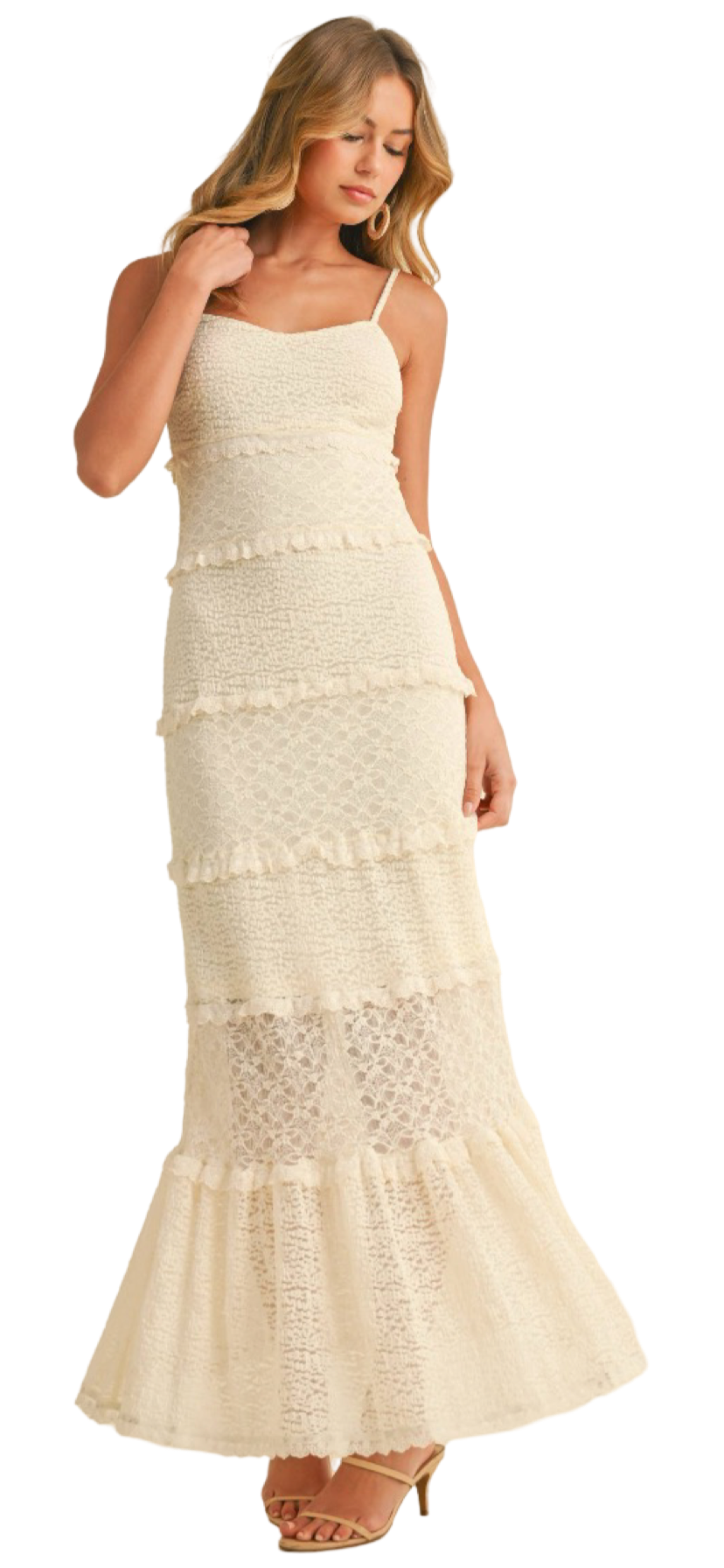 Apparel- Klesis Tiered Ruffled Lace Maxi Dress with Partial Lining