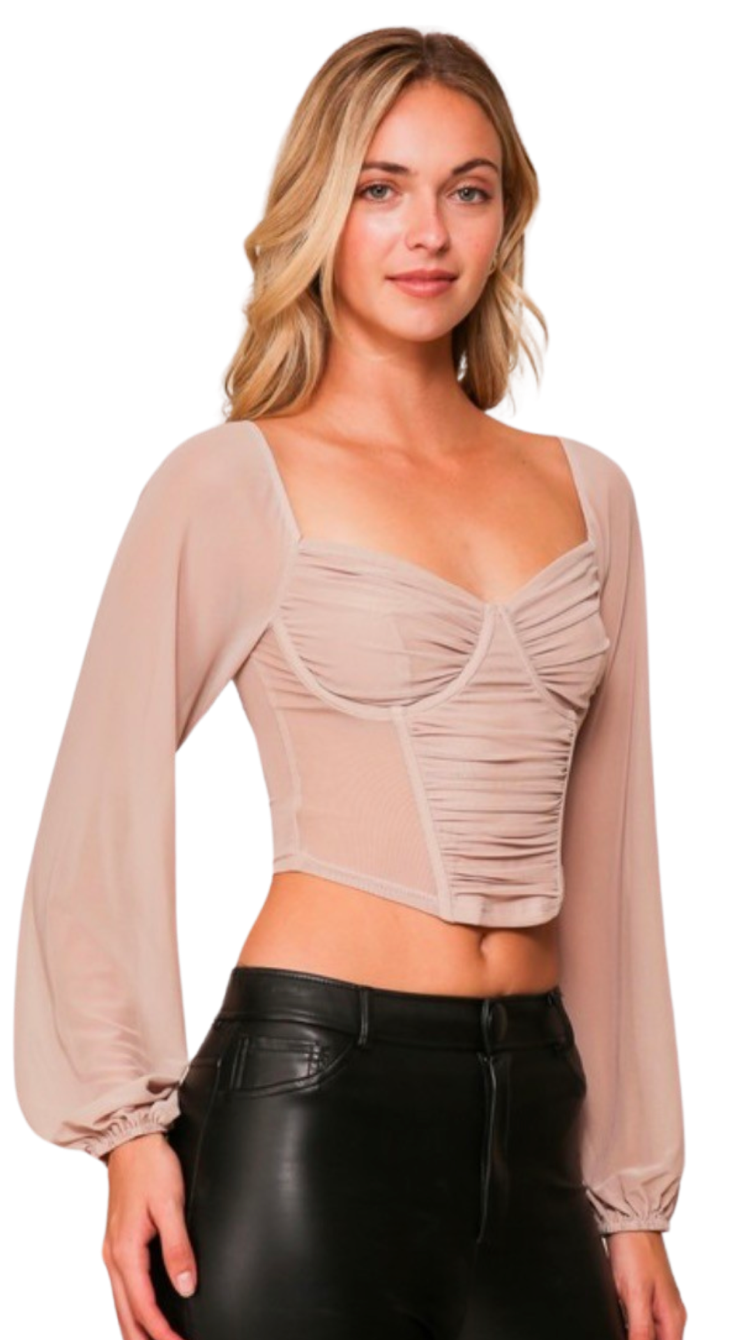 Apparel- Timing Long Sleeve Bra Seam Mesh Corset Top