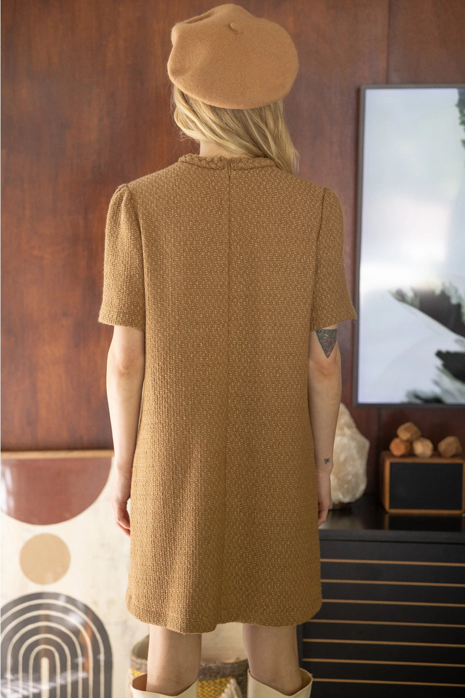 Apparel- VOY Braid Neck Double Pocket Tweed Dress