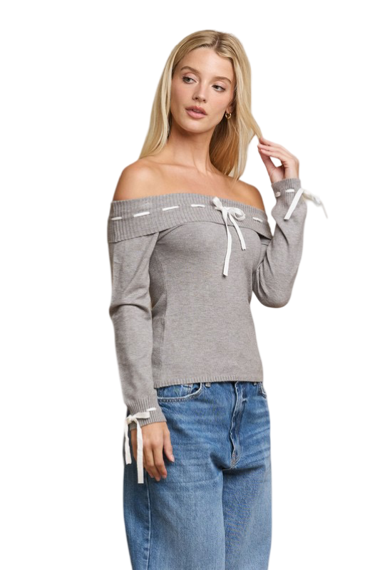 Apparel- Able Ribbon Stitch Off The Shoulder Fitted Sweater Top