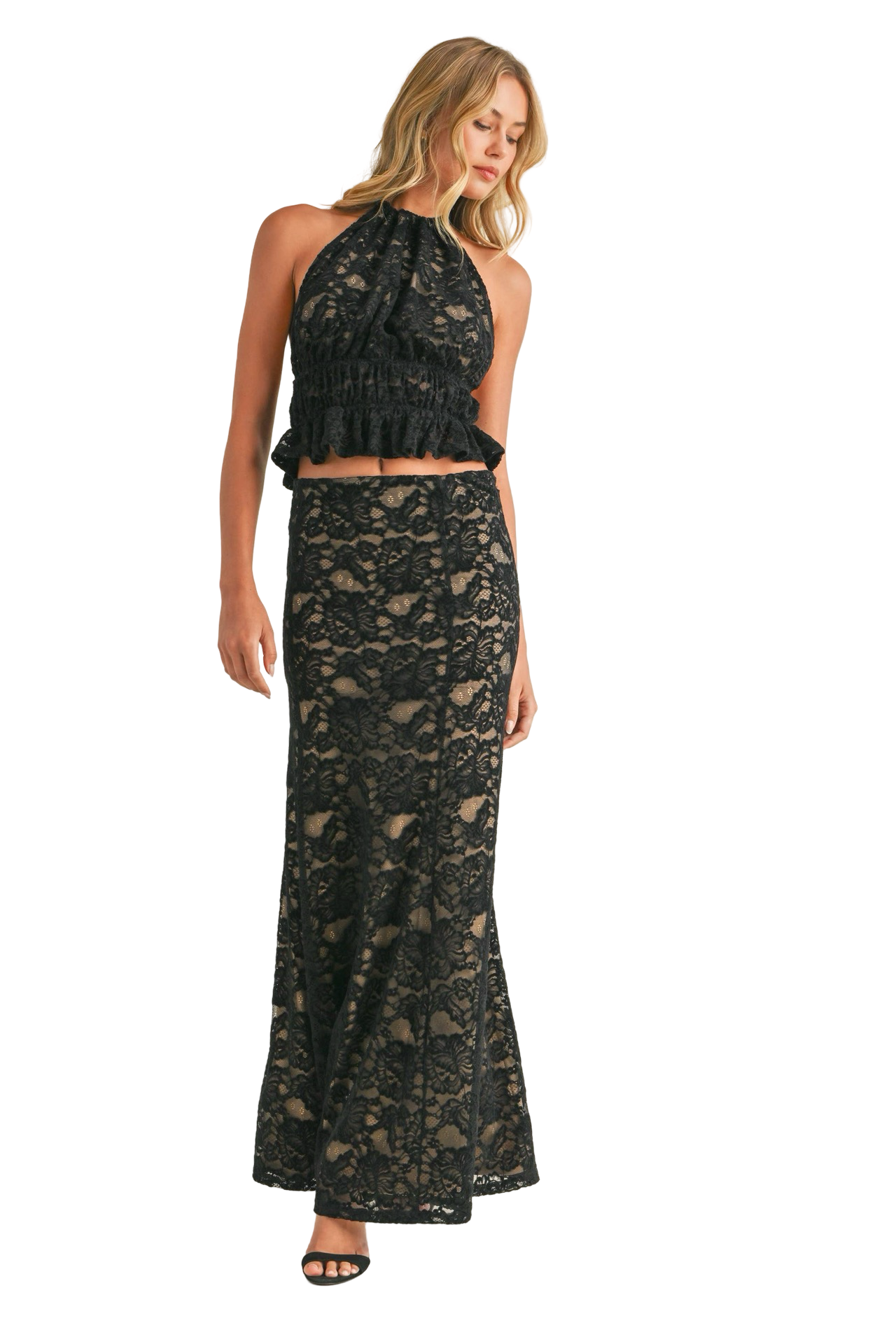 Apparel- Klesis Lace Halter Open Back Top and Maxi Skirt Set